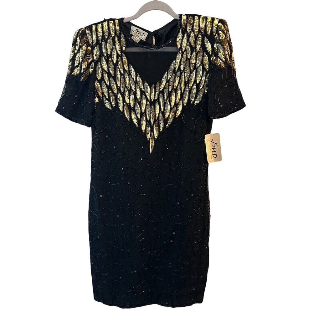 JMD New York Dress Black/Gold Silk/Sequins Small V-Neck Short Sleeve Vintage NEW